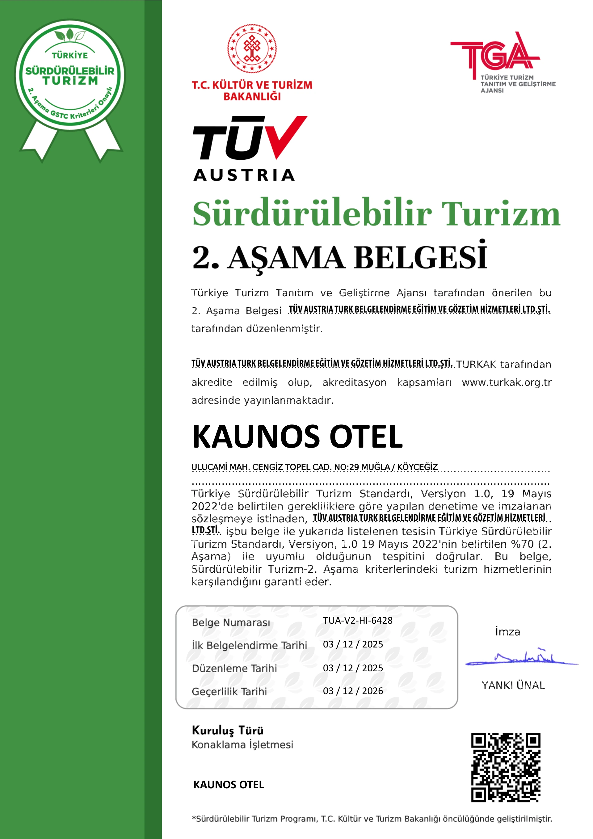 SÜRDÜRÜLEBİLİR TURİZM BELGESİ